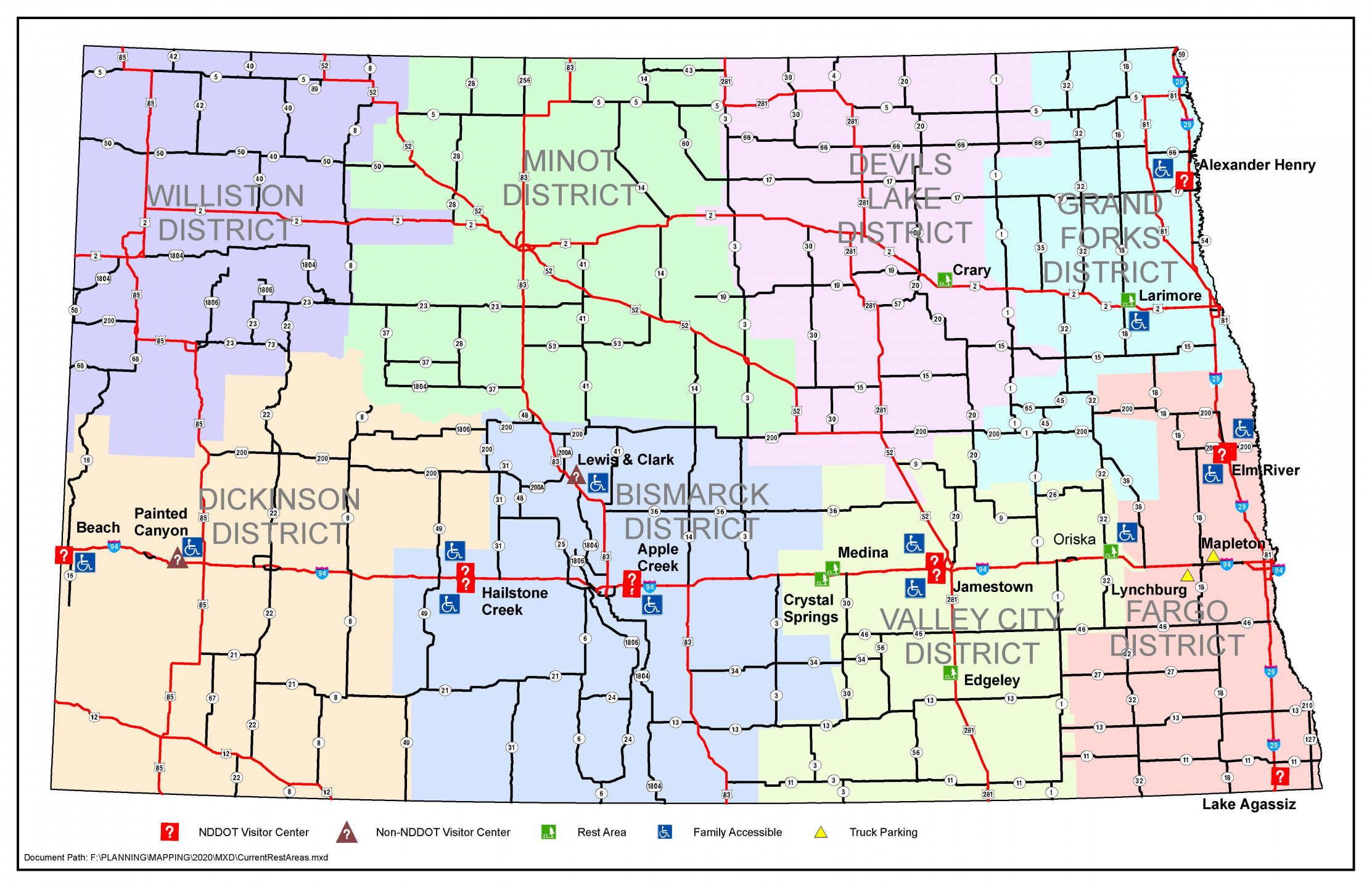Map of North Dakota detailing its districts and marking rest areas, accessibility, truck parking, etc.