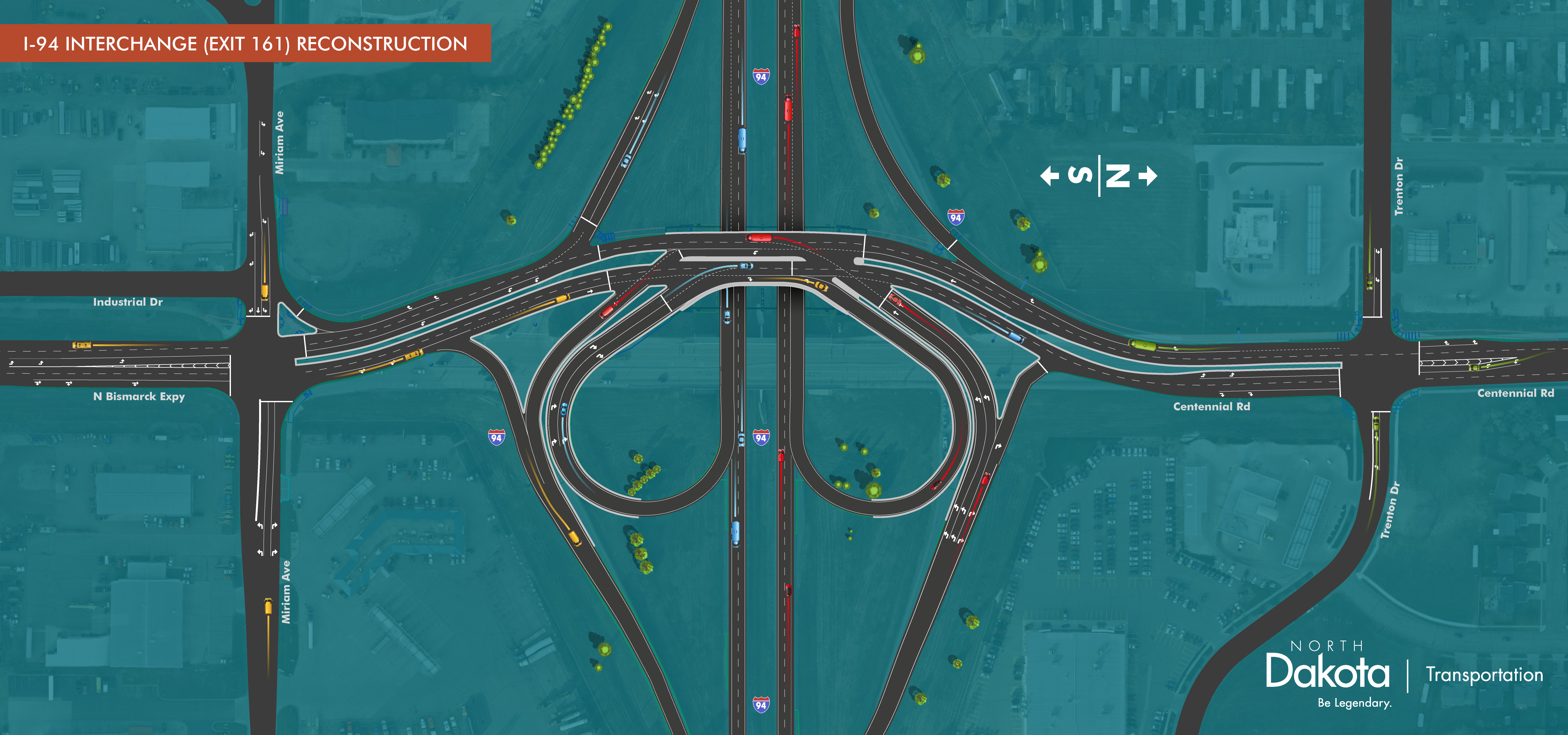 Aerial diagram of the reconstructed Interstate 94 (Exit 161) interchange in Bismarck, showing new loop ramps, directional traffic flow, and connections to Centennial Road/Bismarck Expressway.