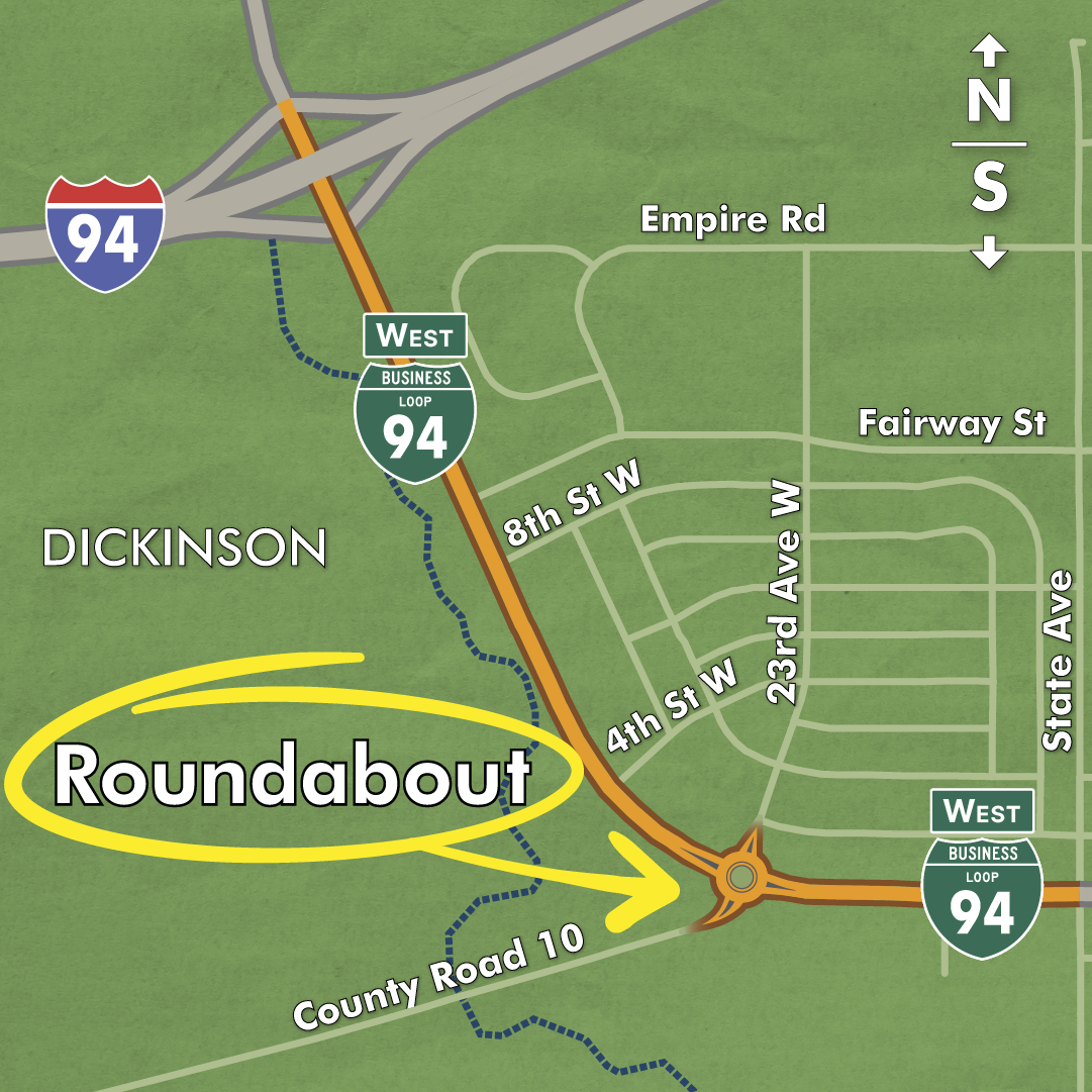 Map showing the I-94 West Business Loop project in Dickinson, North Dakota, extending from the westbound Interstate 94 interchange to State Avenue.