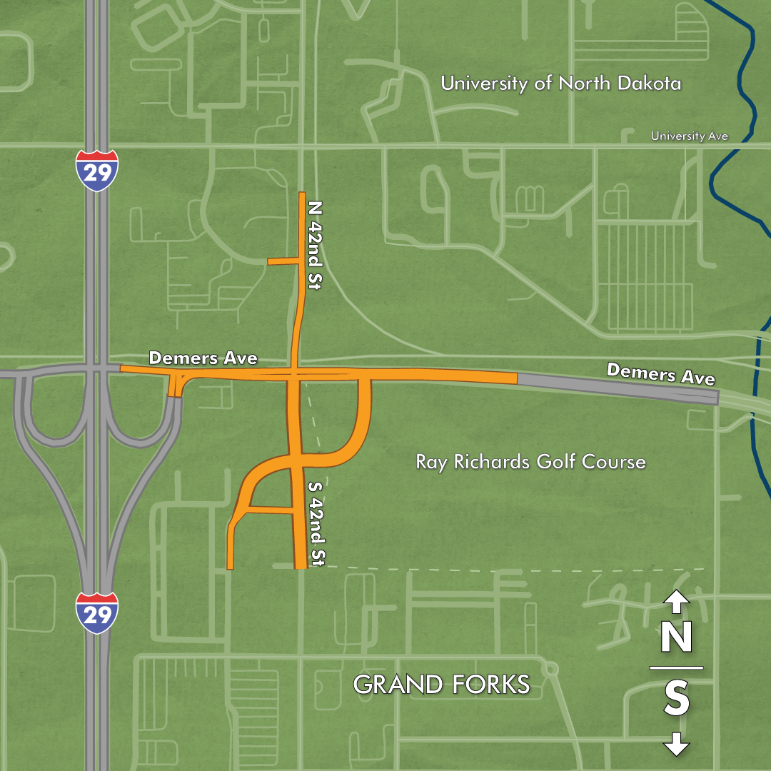 Project area and works scope of 42nd Street & DeMers Avenue Underpass project. 