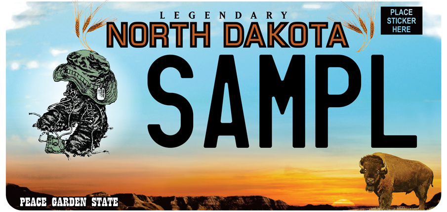 Sample North Dakota license plate featuring a military hat and boots known as a "boonie stomper".