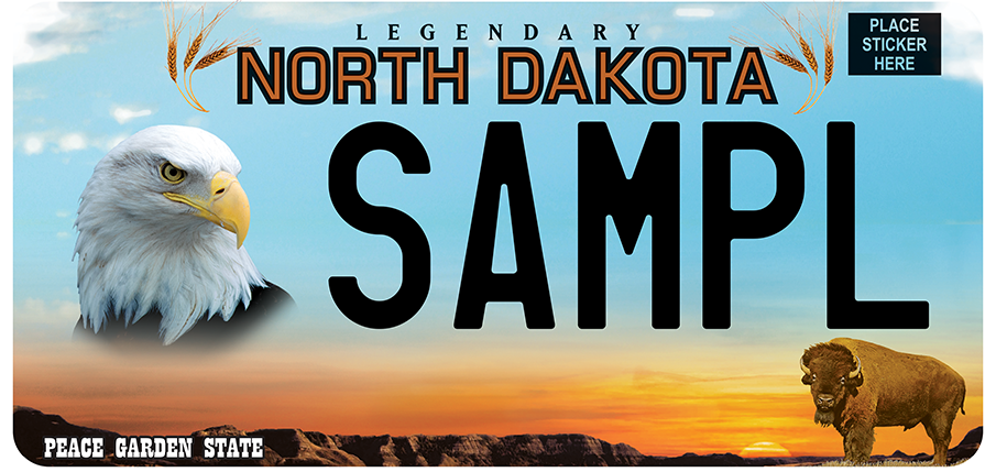 Sample North Dakota license plate featuring a Bald Eagle portrait