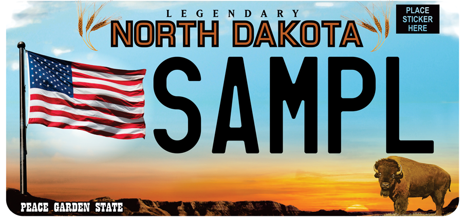 Sample North Dakota license plate featuring the flag of the United States of America