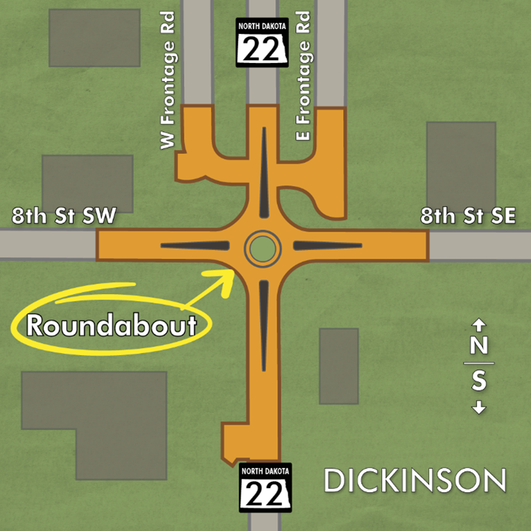 Map showing the Highway 22 and 8th Street Roundabout project in Dickinson, North Dakota.