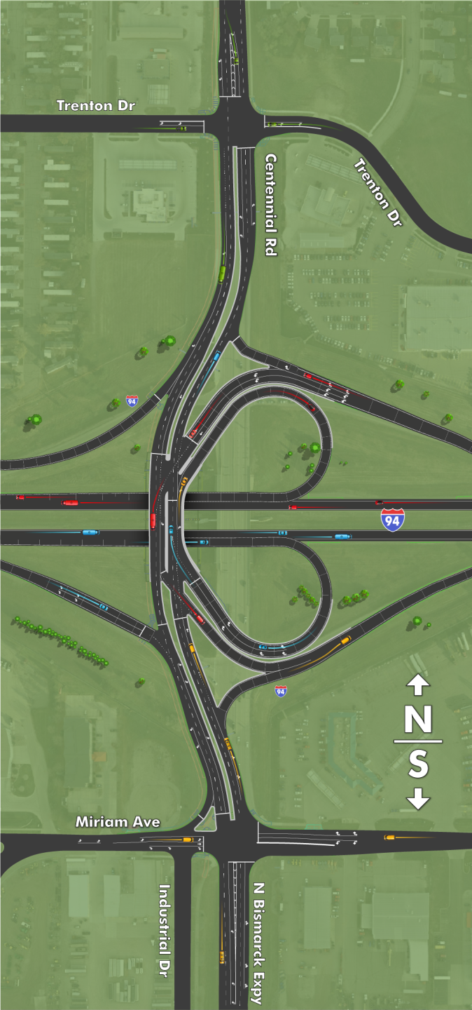 Aerial diagram of the reconstructed Interstate 94 interchange at Exit 161 in Bismarck, North Dakota, showing new loop ramps, directional traffic flow, and connections to Centennial Road/Bismarck Expressway.