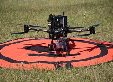 Closeup shot of a PRISM Drone ready for takeoff.