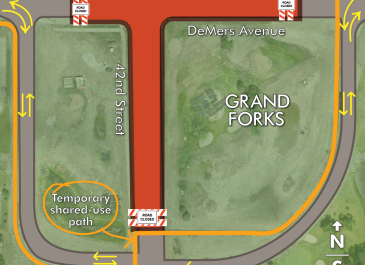Map graphic of the 42nd Street and DeMers Avenue closure in Grand Forks, ND. Both roads are closed at the intersection. Yellow arrows show a detour using the temporary bypass along DeMers Avenue. An orange line marks a temporary shared-use path for pedestrians and cyclists on the west side.