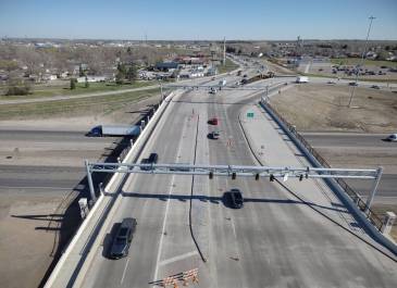 North-facing aerial view of the new interchange bridge at Interstate 94, Exit 161, Bismarck, North Dakota. Photo taken May 8, 2026.