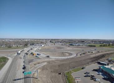 North-facing aerial view of remaining construction progress on the new Interstate 94 interchange at Exit 161, Bismarck, North Dakota. Photo taken May 8, 2026.