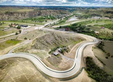 Aerial photo of the completed Medora Business Loop and City Section project in Medora, ND, taken in June 2026.