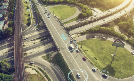 CGI image showing overhead shot of highways and overpasses.