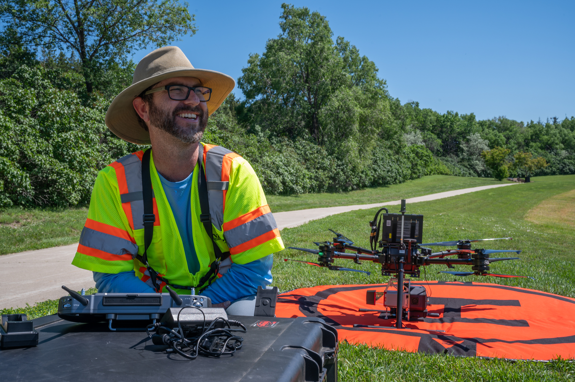 NDDOT PRISM drone equipped with a LiDAR survey unit to map the grounds of the ND State Capitol Building.