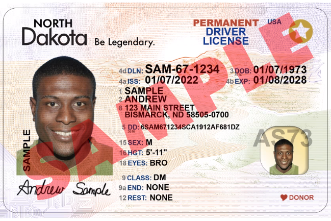 North Dakota driver license with donor information.