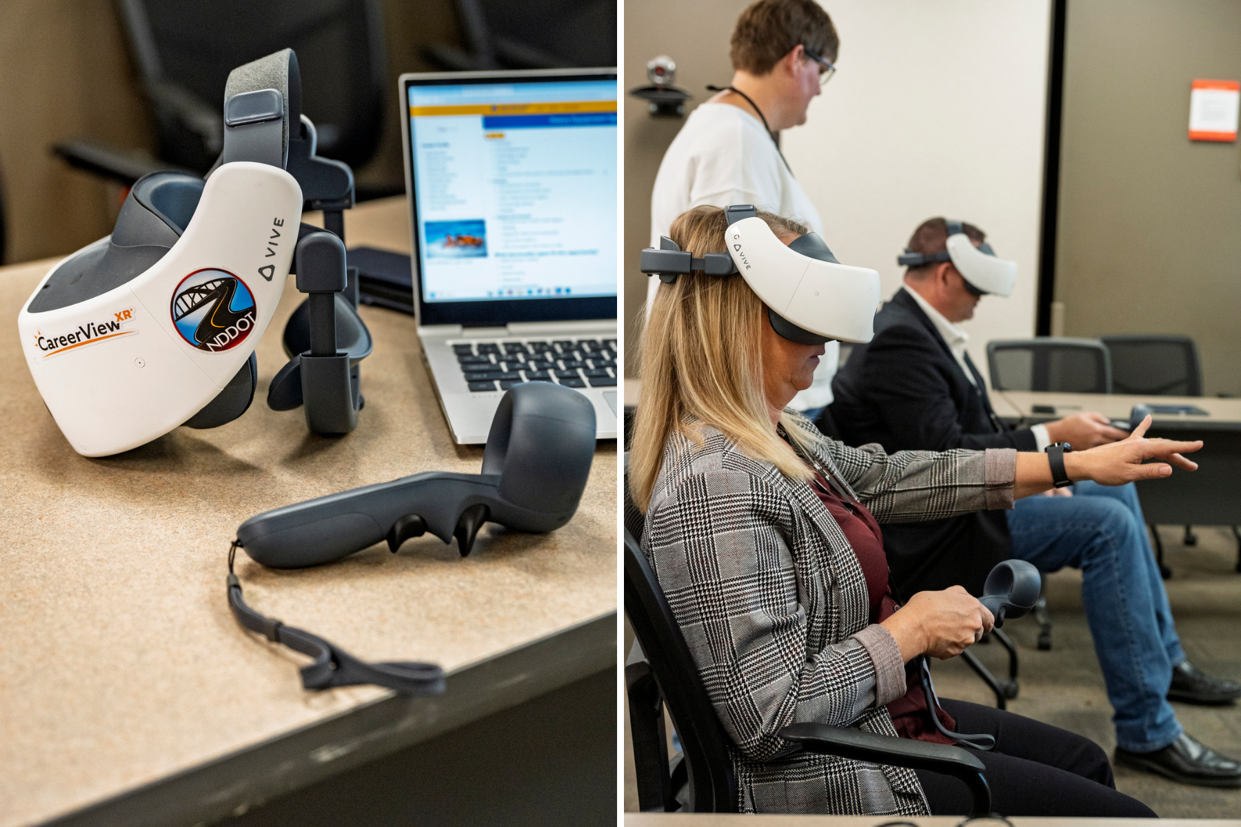 pictured are a vr headset and two people wearing headsets and pointing