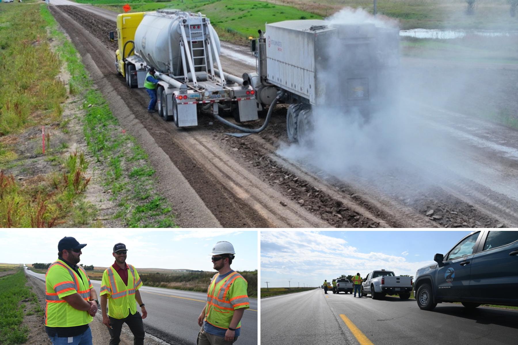A collage of workers and trucks on the Highway 14 pavement project