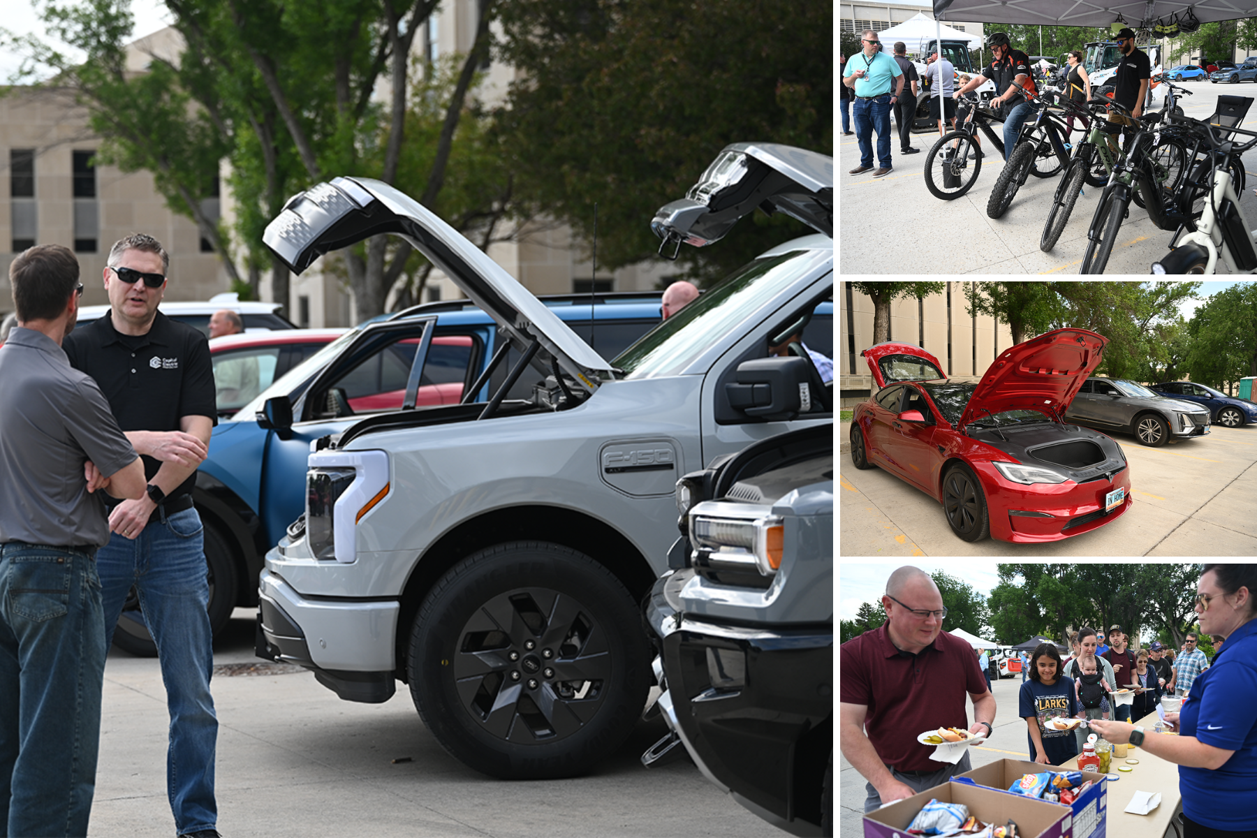 Crowds explore electric cars, bicycles and line up for free food