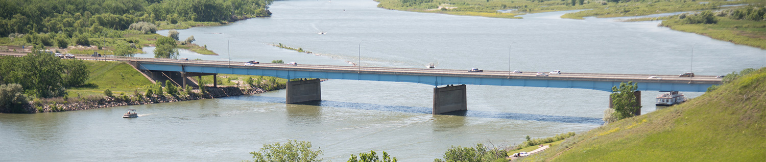 Aerial view of bridge over river.
