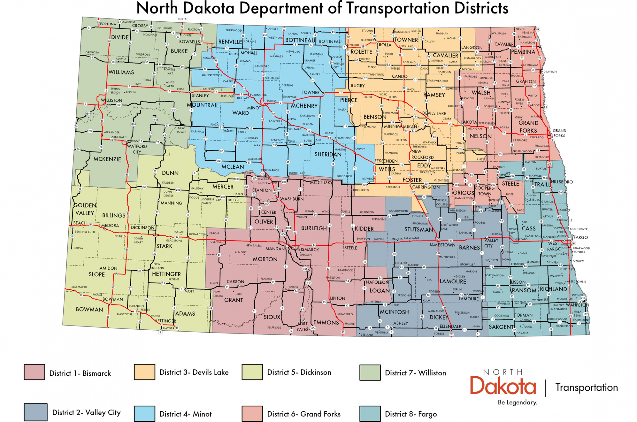 Map of North Dakota highlighting its districts.
