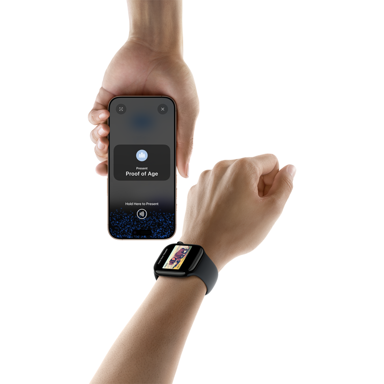 An Apple Watch transferring digital ID information to an iPhone.