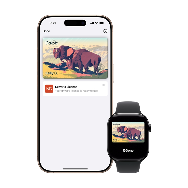 iPhone and Apple Watch displaying the North Dakota Mobile ID.