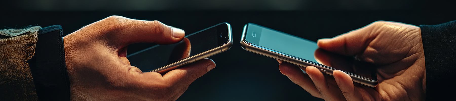 Two people's hands holding mobile phones closely together.