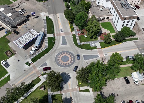 Drone shot of a roundabout.