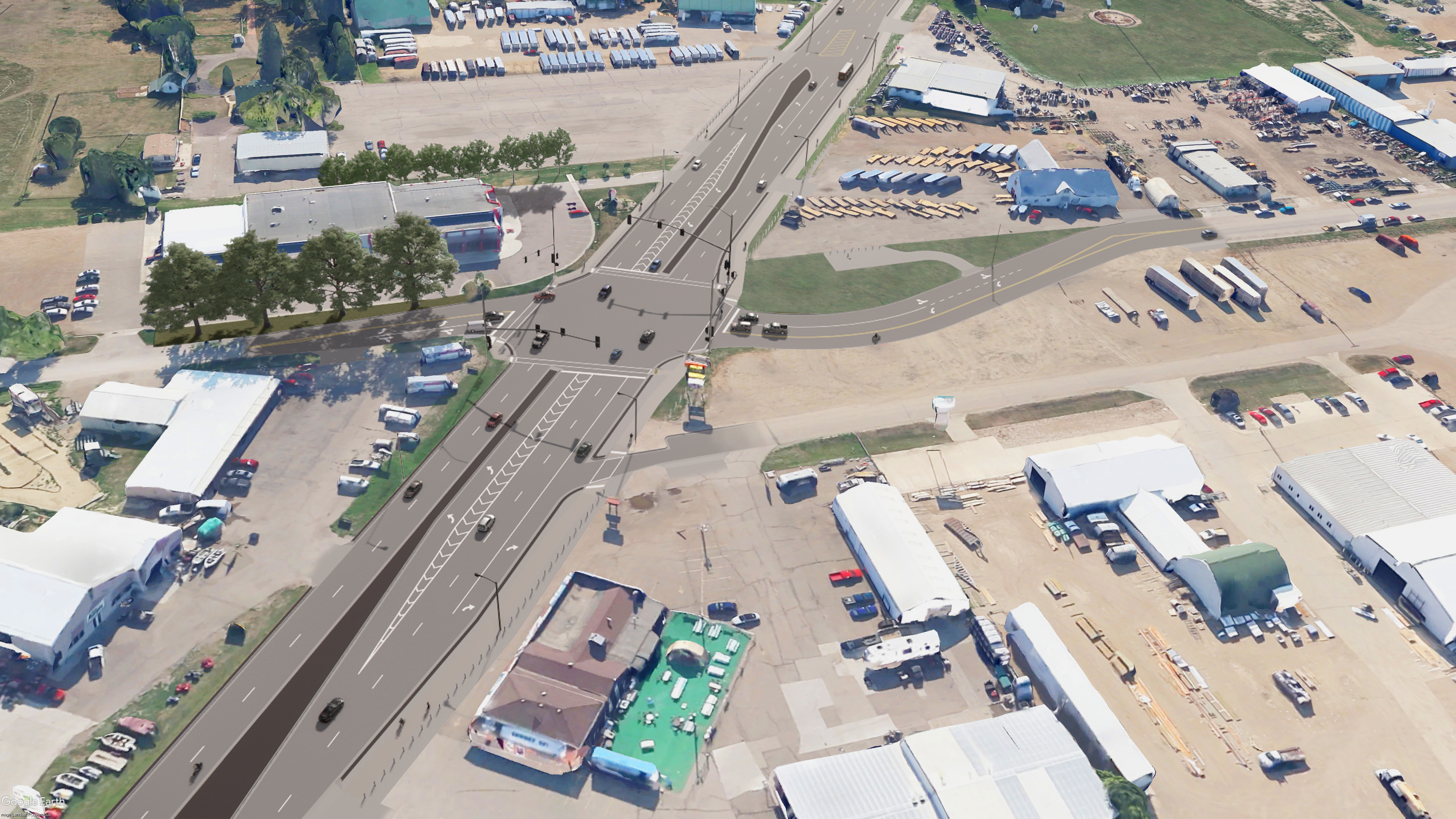 A drawing of the memorial highway project that includes four lanes, two in each direction with a turning lane in the middle. 