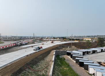 June 2025: Paving work on interchange's NW side, facing SW.