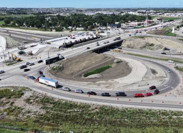 August 2025: Crews are prepping for east side work on the I-94 (Exit 161) Interchange project in Bismarck.