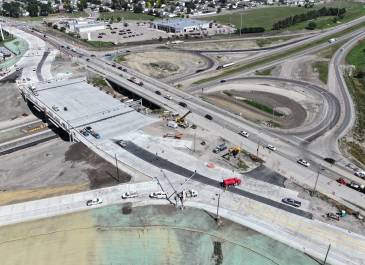 August 2025: Northeast-facing view of the I-94 (Exit 161) Interchange project in east Bismarck.