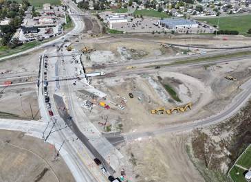 Sept. 2025: Ariel view of old bridge and temporary loop ramp removal at I-94 (Exit 161) Interchange project, Bismarck.