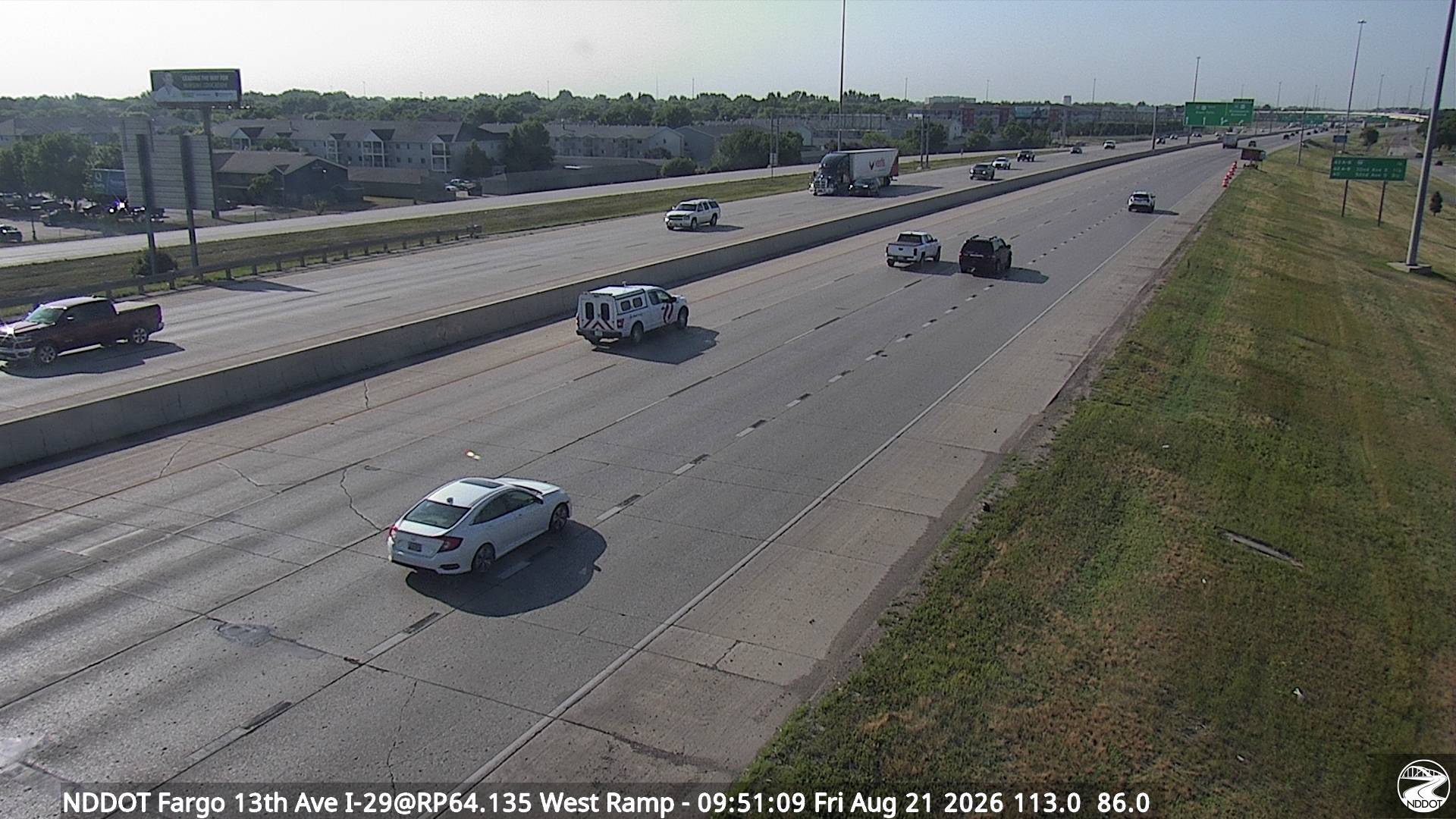 Webcam view of I-29 at 13th Ave in Fargo, North Dakota at milepost 64.1