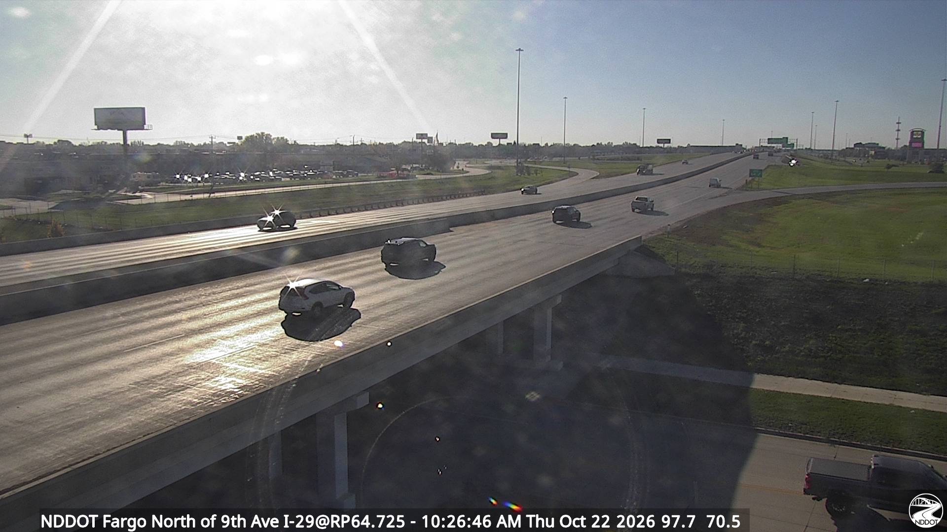 Webcam view of I-29 north of 9th Ave in Fargo, North Dakota at milepost 64.7